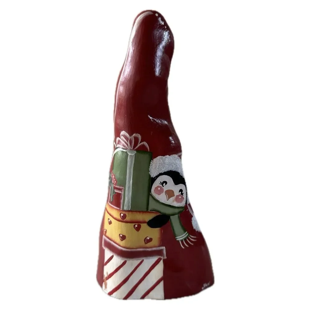 Hand Painted Signed JKW Christmas Penguin Presents Wooden Shelf Sitter Decor